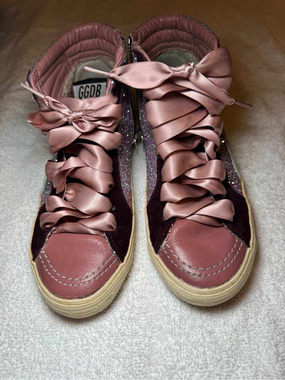 Golden Goose Slides Size 37 High-Top Sneakers pink satin laces Authentic